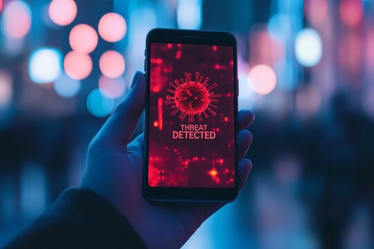 a man holding a phone and the screen showing the word " Threat Detected" , illustrating a smartphone being hacked or infected by a virus