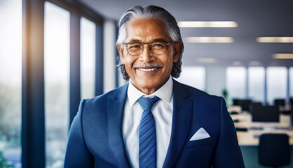 Fototapeta premium Smiling American businessman wearing suit standing in office