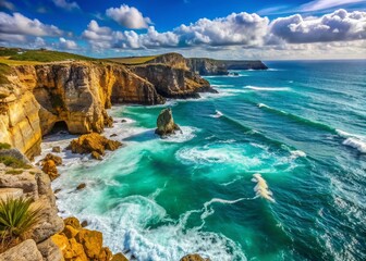 Fototapeta premium Panoramic view of a rugged rocky cliffside descending into the turquoise blue ocean, with waves crashing against the shoreline in a serene natural landscape.