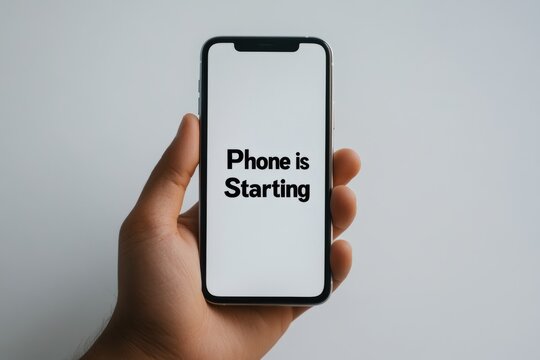 a man holding a phone and the screen showing the text " phone is starting" , illustrating phone is booting up