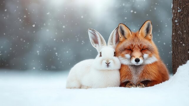 Fox and hare sitting together under a tree, sharing a moment of peace and friendship in a snowcovered forest