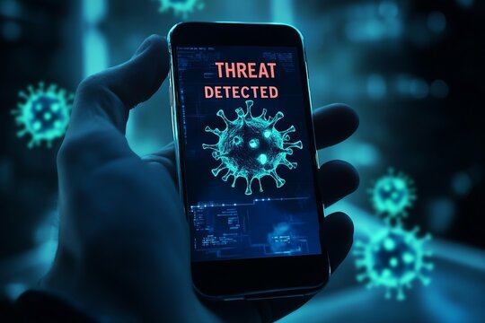a man holding a phone and the screen showing the word " Virus Detected" , illustrating a smartphone infected by a virus"