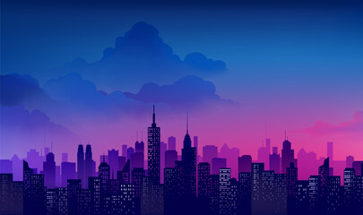 Hand painted horizontal landscape illustration of the city under the blue and purple sky © jm