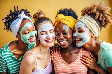 Fototapeta premium Four diverse young women share a fun moment while enjoying their skincare routine applying facial mask