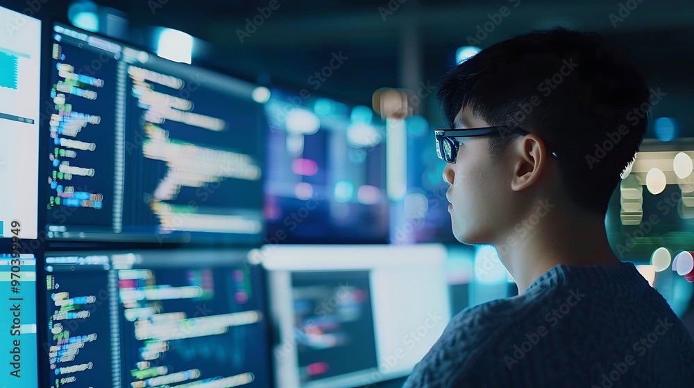 Wall mural asian developers coding on multiple screens, business theme with blue background