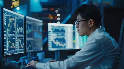 Asian Developers Coding on Multiple Screens, Business Theme with Blue Background