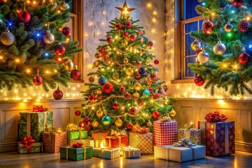 Vibrant multi-colored ornaments and sparkling fairy lights adorn a beautifully decorated Christmas tree, surrounded by wrapped gifts and festive holiday decorations.