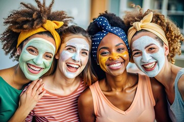 Four diverse young women share a fun moment while enjoying their skincare routine applying facial mask