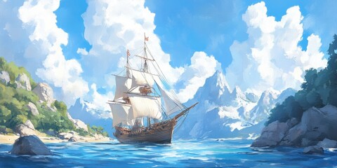 Obraz premium A beautiful sailing ship navigating through serene waters, surrounded by majestic mountains and fluffy clouds under a bright sky.
