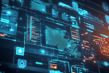 A network security interface showing a live feed of encrypted data transmissions and secure communication channels. Security protocols and encryption, Generative AI
