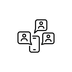 Group chat icon. Simple group communication icon featuring a mobile phone and chat bubbles with user profiles. Ideal for social media, app, and web design. Vector illustration