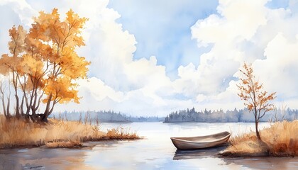 A serene watercolor scene depicting a tranquil lake, surrounded by autumn trees and a small boat, perfect for nature lovers.