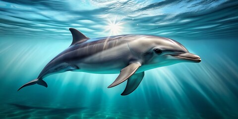 Obraz premium A sleek, gray dolphin swims in a transparent, isolated environment, its curved body and dorsal fin reflected in the surrounding clear, aqua-blue background.