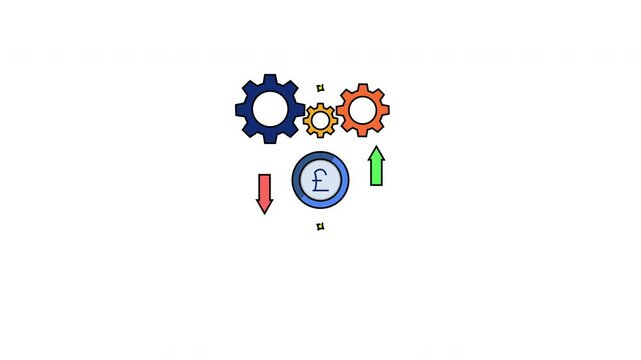 Three gears, pound sign, down arrow, up arrow. Perfect for illustrating financial concepts, business strategies, data analysis, and stock market trends. 4k animation with alpha channel.