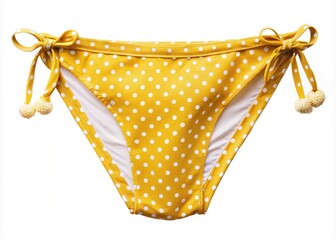 A vibrant yellow polka dot bikini wears a white string tie against a crisp white background, highlighted by a removable strap top.