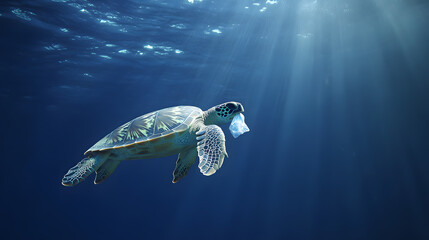 Obraz premium Sea turtle swimming underwater with plastic bag in its mouth, symbolizing ocean pollution and environmental damage