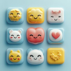 Obraz premium Cute Cartoon Emojis in Colorful Squares on Blue Background