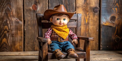 A vintage-inspired wooden toy cowboy doll sits proudly on a rustic wooden chair, finished in worn brown, adorned with a worn leather-like belt and embroidered yellow bandana.