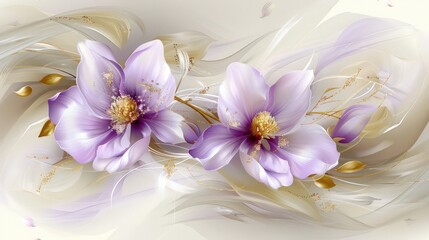 A delicate illustration of purple flowers with swirling soft colors and golden accents, creating a serene and elegant aesthetic.