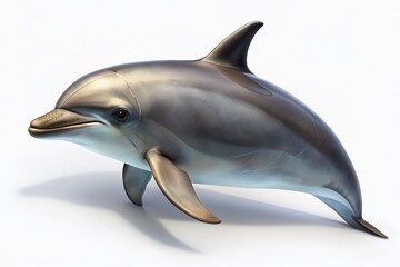 Obraz premium Close-up of a bottlenose dolphin's sleek gray body and dorsal fin, isolated on a clean white background with a subtle shadow underneath.