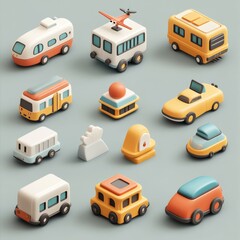 Colorful 3D Cartoon Vehicles Set   Car  Bus  Camper  Airplane  3D Rendering