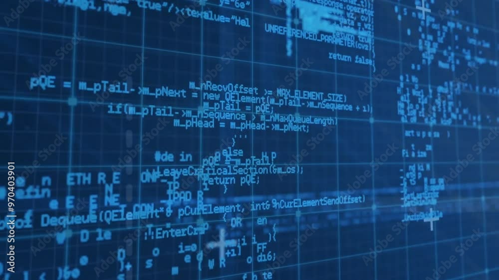 Poster animation of digital data processing over grid on blue background