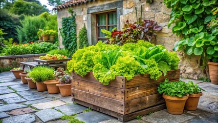 A vintage wooden planter box cradles a verdant lettuce garden, flanked by meandering vines and lush foliage on a weathered stone patio.