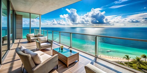 Fototapeta premium Breathtaking vista from sleek, modern high-rise apartment balcony overlooking turquoise waters, luxurious furniture, and endless horizon, evoking feelings of serenity and opulence.