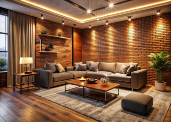 A warmly glowing interior space features textured brick veneer panels, adding cozy ambiance to a modern, monochromatic room with plush carpet and sleek furniture.
