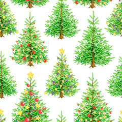 Vintage style Christmas trees seamless pattern on white background. Hand drawn evergreen fir trees with festive bright decoration. Winter holidays festive traditional decor seamless pattern element