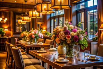 Fototapeta premium Cozy upscale eatery features a lavish floral arrangement atop a wooden table, surrounded by elegant chairs and soft lighting, evoking a sense of refined sophistication.