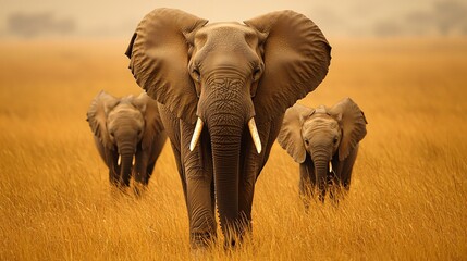 Obraz premium Elephant Family Walking in Savannah