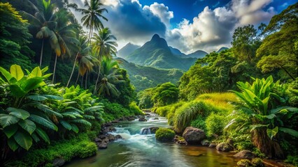 Fototapeta premium Vibrant tropical vegetation surrounds a serene creek flowing through a mysterious jungle, adjacent to a majestic mountain stream in a lush green valley landscape.