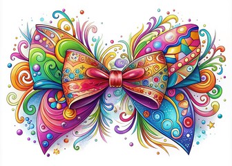 Fototapeta premium A whimsical bow adorns a crisp white background, bursting with vibrant colors and intricate patterns that dance across delicate curves, creating a mesmerizing visual spectacle.