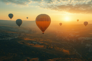 Obraz premium Vibrant Balloons Flying in a Vanilla Sky Over a Beautiful Landscape