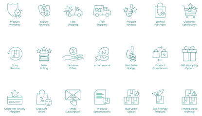 Product Warranty, Secure Payment, Fast Shipping, Free Shipping, Product Reviews, Verified Purchase, Customer Satisfaction, Easy Returns, Seller Rating, Exclusive Offers, E-Commerce vector ion set