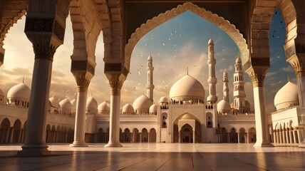 Islamic background, beautiful mosque view. generative ai