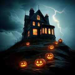 Haunted House with Jack O Lanterns and Lightning