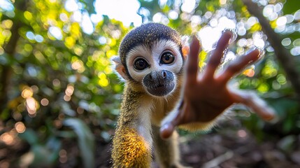 Obraz premium Squirrel Monkey Reaching Out in Jungle