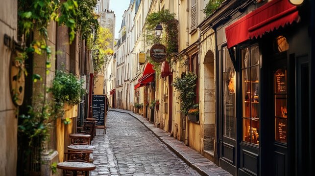 A charming cobblestone street in Paris, France, lined with quaint shops and cafes, with a red awning and green foliage adding to the ambiance.