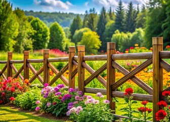 Fototapeta premium A wooden fence with precisely spaced, secured dowels forms a strong barrier, set amidst a verdant landscape with colorful blooms and trees.