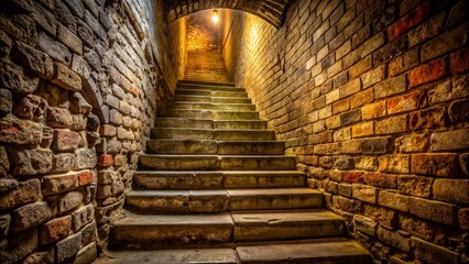A worn brick staircase rises from the dimly lit passageway, its rough-hewn steps and cracked mortar a testament to the passage of time and neglect.