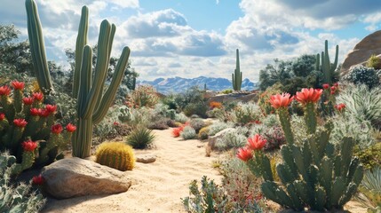 A desert landscape with a path leading through a variety of cacti and flowering plants, with mountains in the background and a blue sky with clouds.