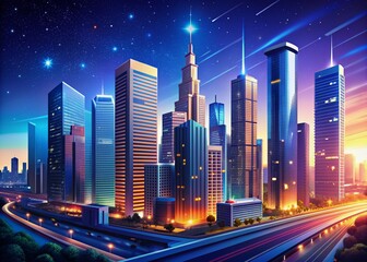 Fototapeta premium Stylized modern cityscape at dusk, featuring sleek skyscrapers, bustling streets, and vibrant neon lights, set against a deep blue gradient background with starry night sky.