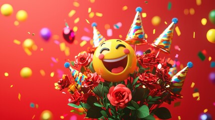 Cheerful Smiley Emoji Surrounded by Colorful Floral Bouquet and Party