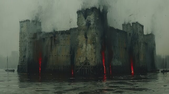 A dark, ominous fortress surrounded by water, emitting smoke and glowing red, suggesting destruction or chaos.
