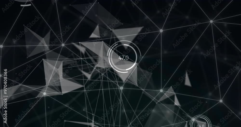 Poster animation of network of connections and data processing over black background
