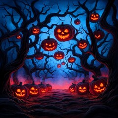 Fototapeta premium Spooky Halloween Jack O Lantern Forest