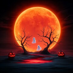 Halloween Spooky Night with Jack O Lanterns and Ghosts Under Blood Moon