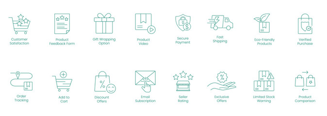 Customer Satisfaction, Product Feedback Form, Gift Wrapping Option, Product Video, Secure Payment, Fast Shipping, Eco-Friendly Products, Verified Purchase, Order Tracking vector icon set